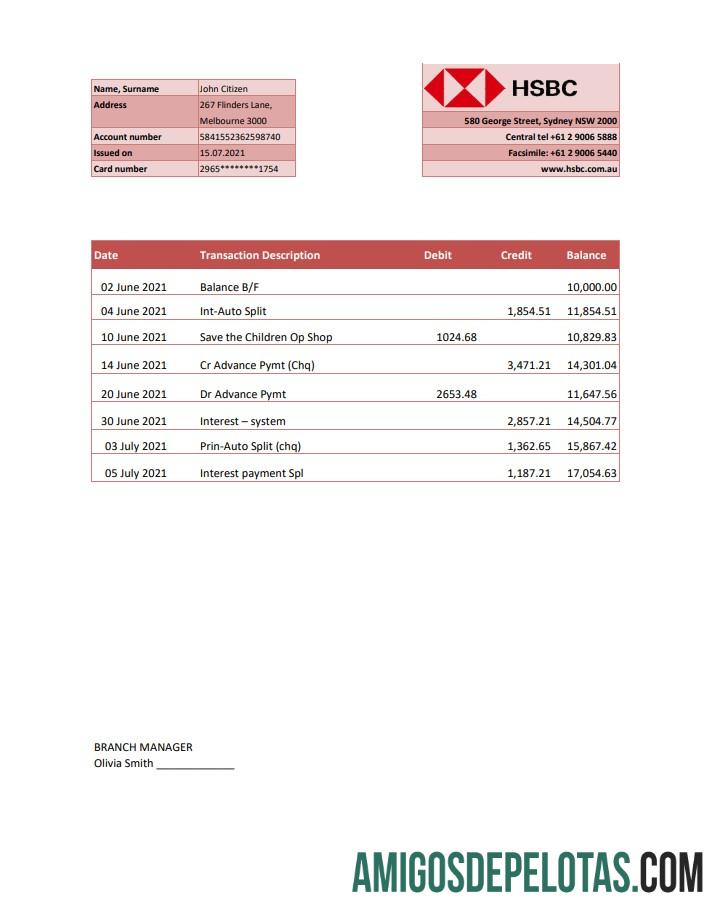 Modelo de extrato bancário HSBC da Austrália para impressão em formato Excel e PDF, totalmente editável